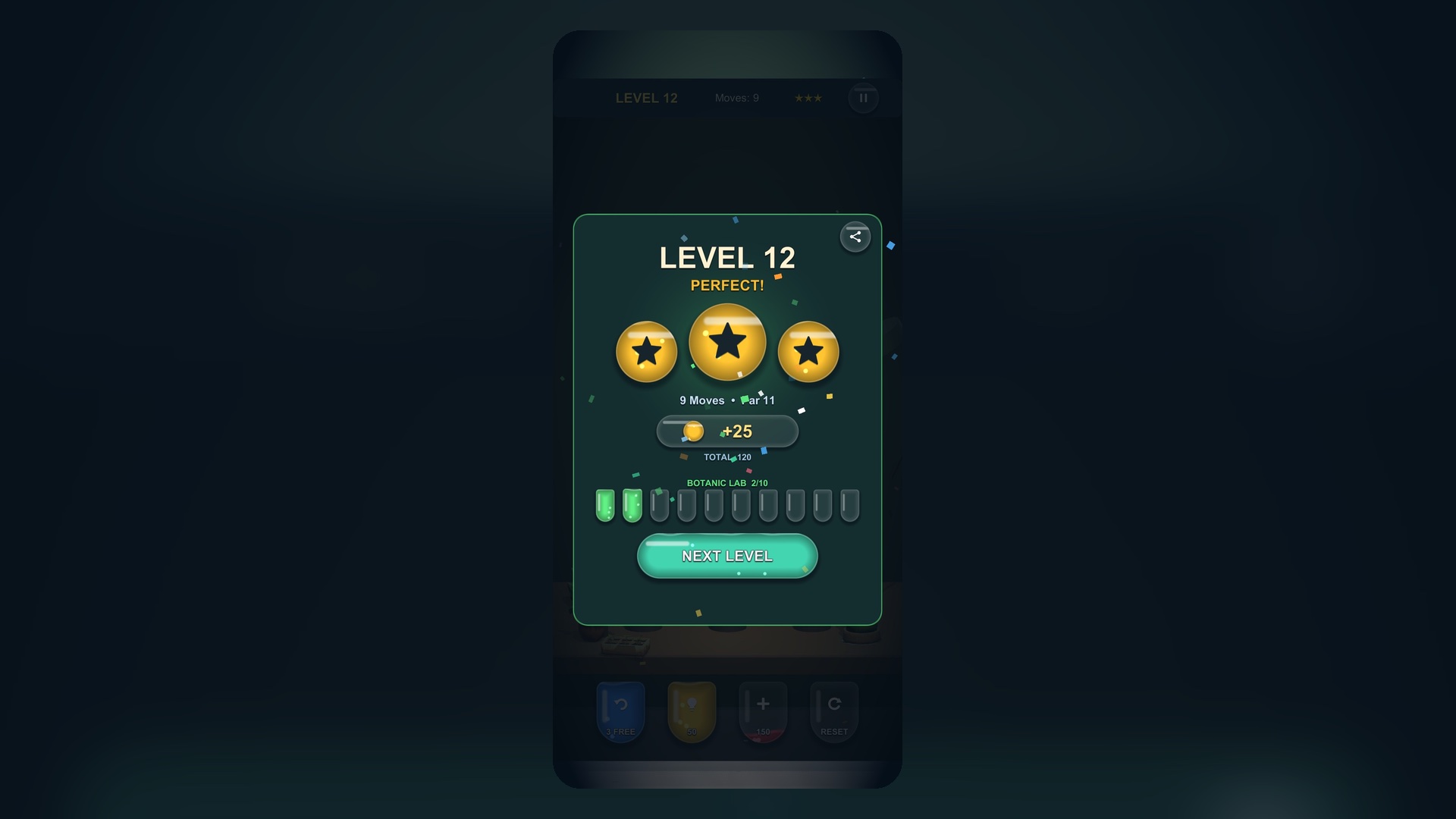 Lab Sort level complete screen with three gold stars