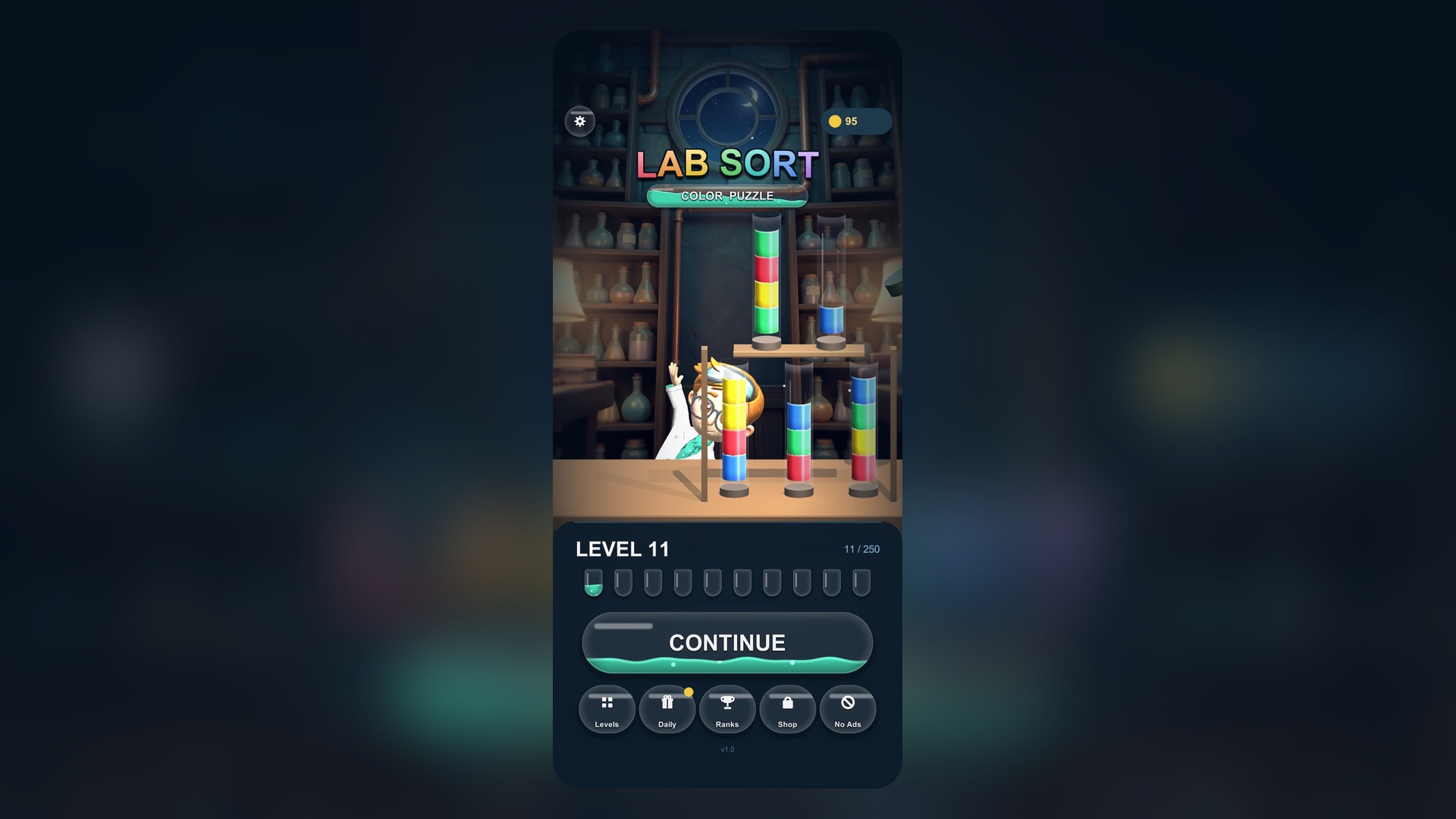 Lab Sort title screen with the LAB SORT wordmark over a laboratory bench