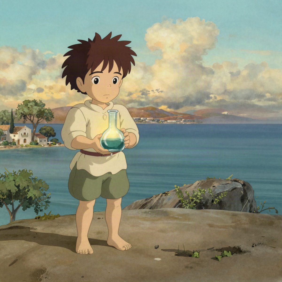 Illustration of a barefoot boy on a rocky Aegean shore at dusk, holding a glass flask of green liquid, white houses and islands behind him